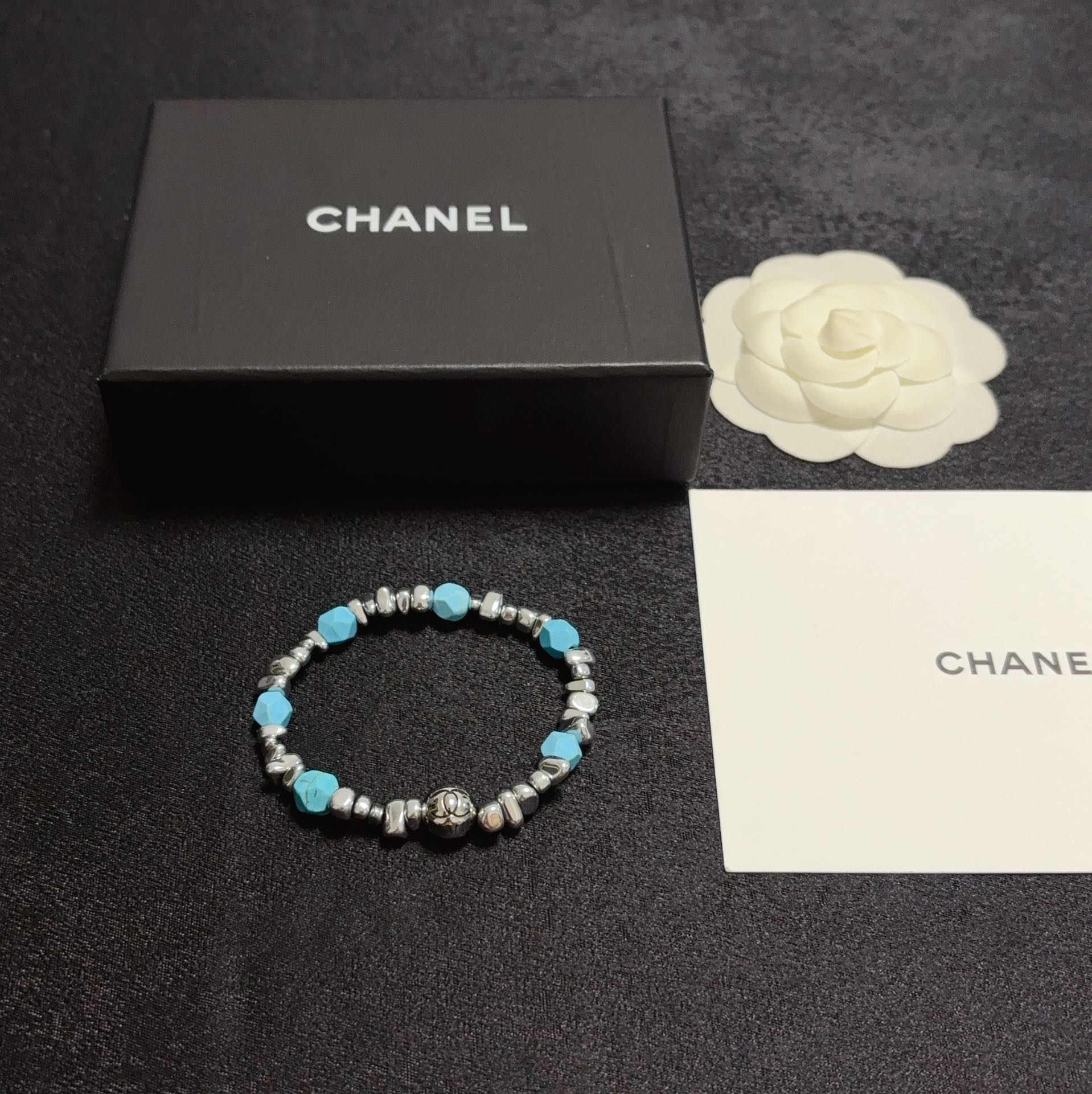 [TOP] CHANEL CC Turquoise Bracelet - Silver
