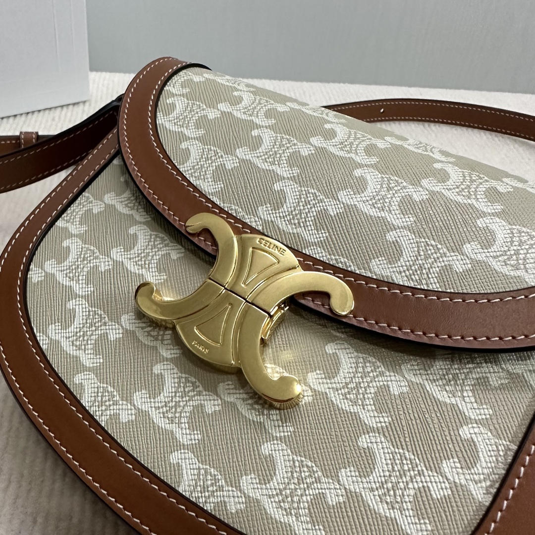 [TOP] CELINE Besace Triomphe Bag Canvas and Calfskin 18.5x16x6cm - Beige and Brown