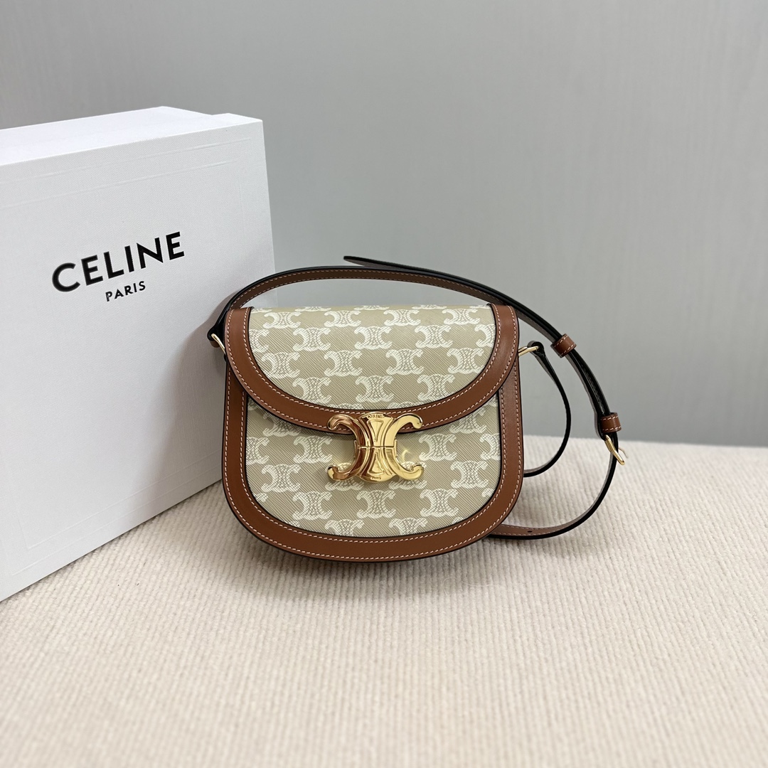 [TOP] CELINE Besace Triomphe Bag Canvas and Calfskin 18.5x16x6cm - Beige and Brown