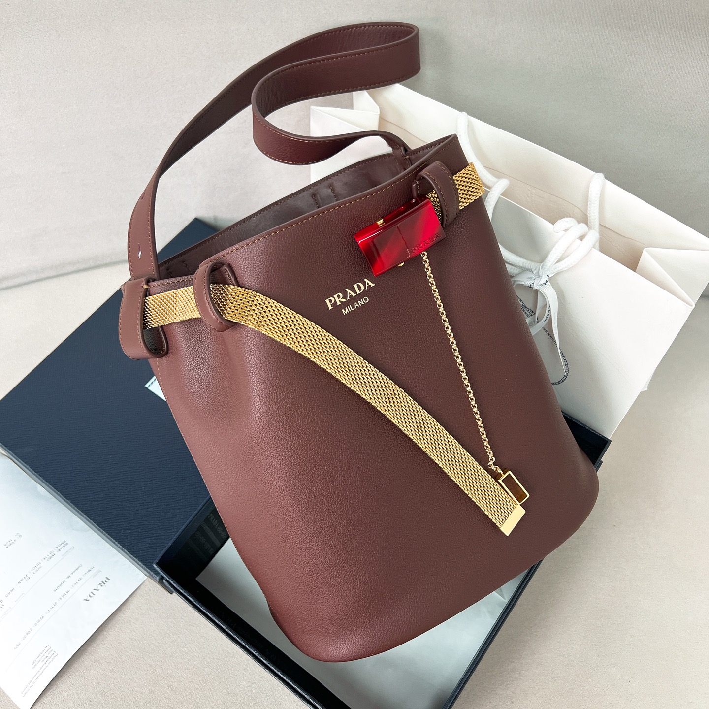 [TOP] PRADA Buckle Handbag Sheepskin 26.5*29*18cm - 3 Color