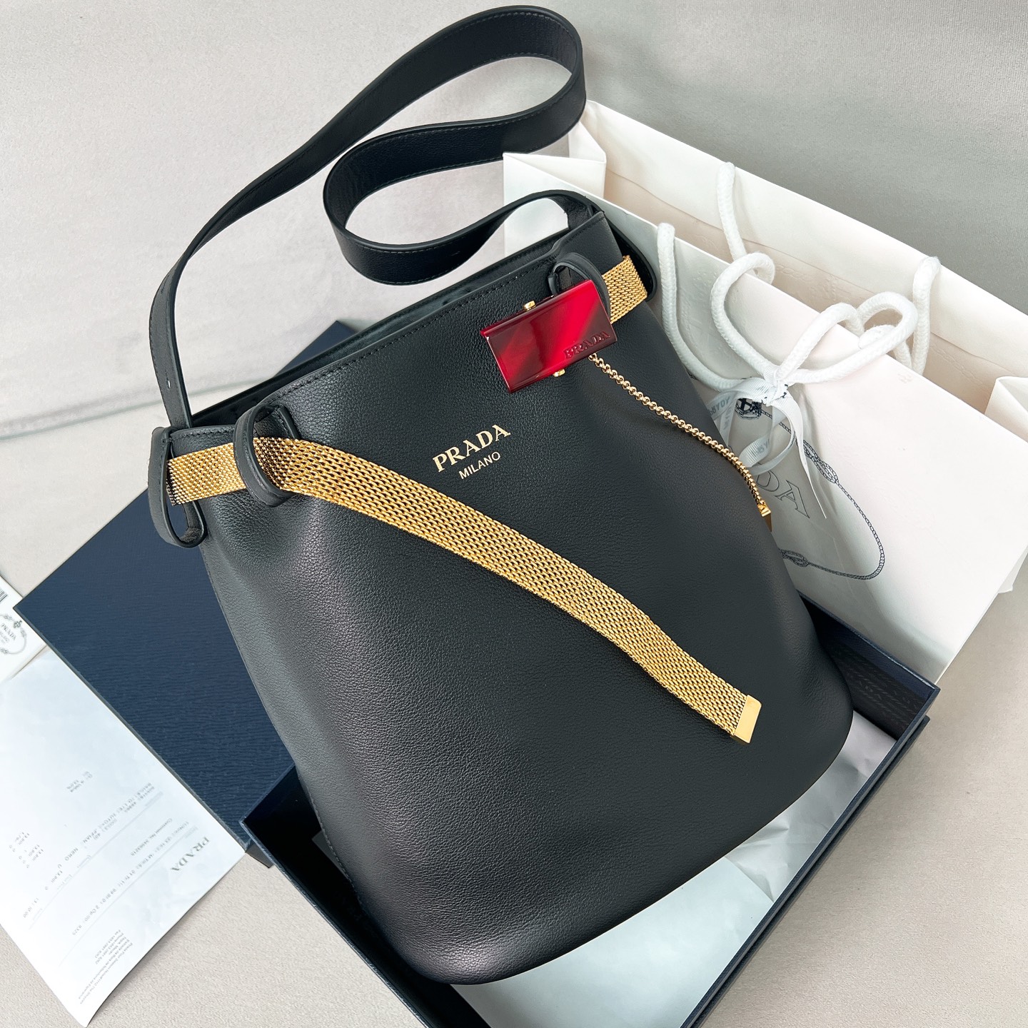 [TOP] PRADA Buckle Handbag Sheepskin 26.5*29*18cm - 3 Color