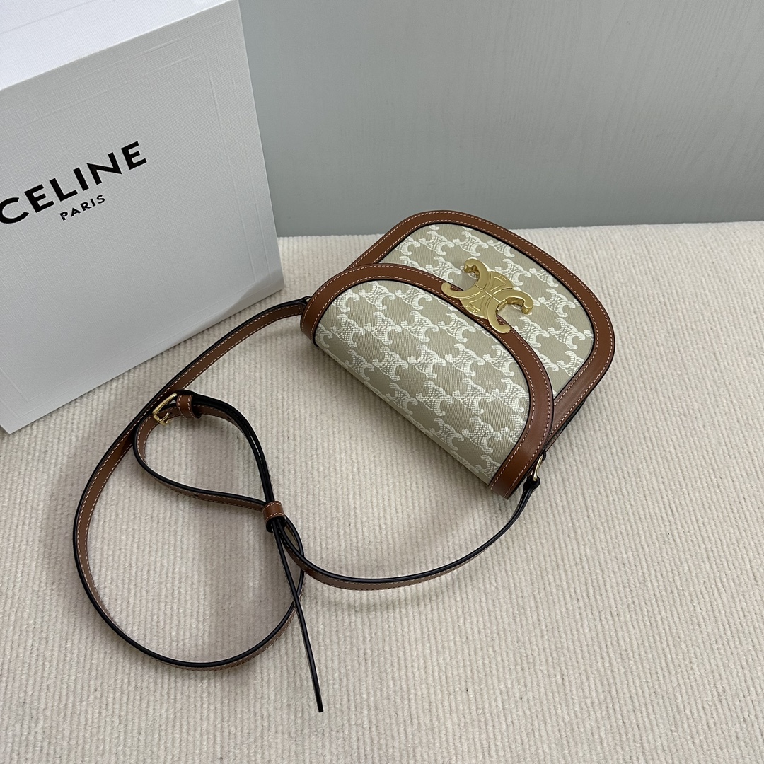 [TOP] CELINE Besace Triomphe Bag Canvas and Calfskin 18.5x16x6cm - Beige and Brown