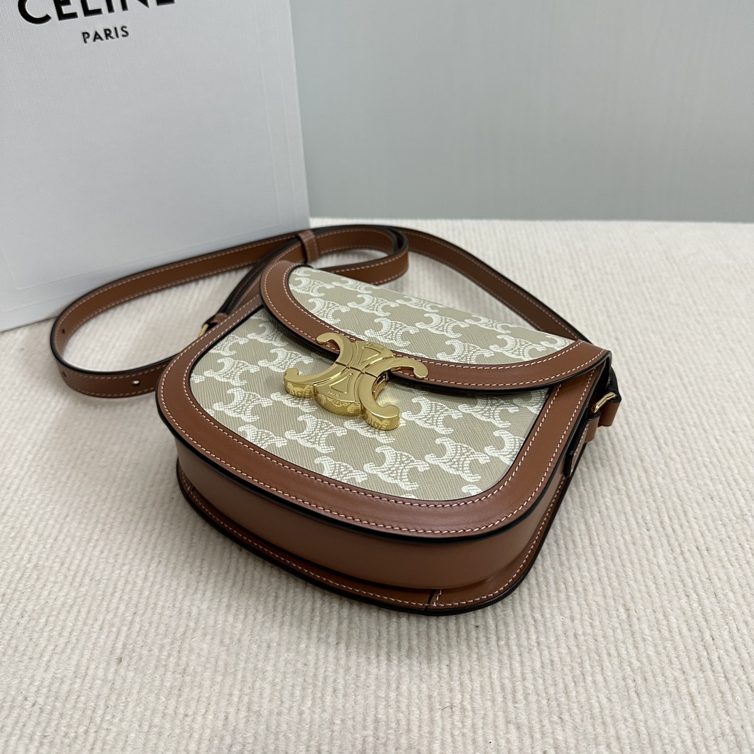 [TOP] CELINE Besace Triomphe Bag Canvas and Calfskin 18.5x16x6cm - Beige and Brown