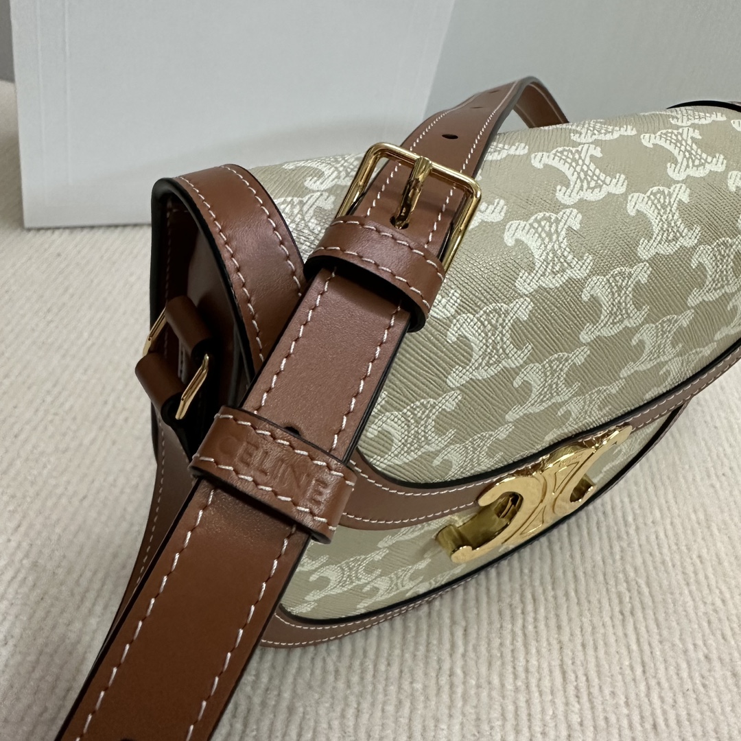 [TOP] CELINE Besace Triomphe Bag Canvas and Calfskin 18.5x16x6cm - Beige and Brown