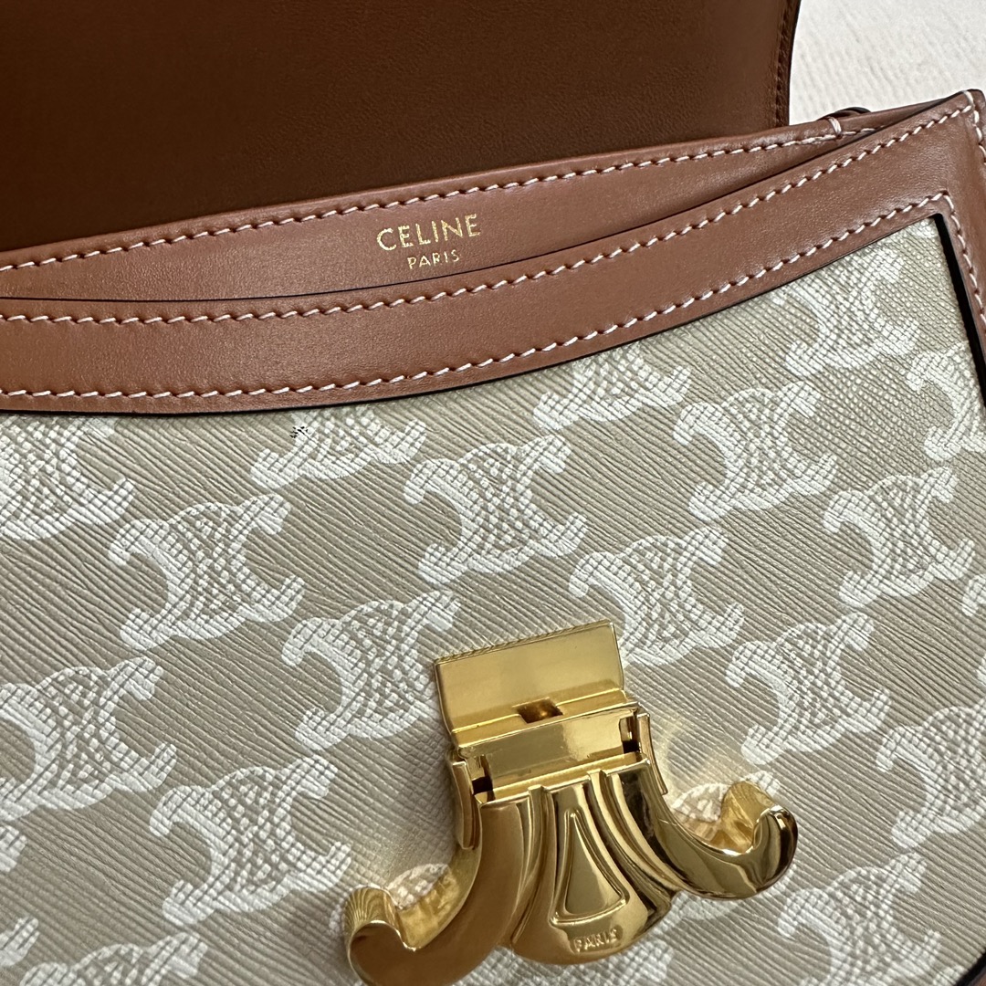 [TOP] CELINE Besace Triomphe Bag Canvas and Calfskin 18.5x16x6cm - Beige and Brown