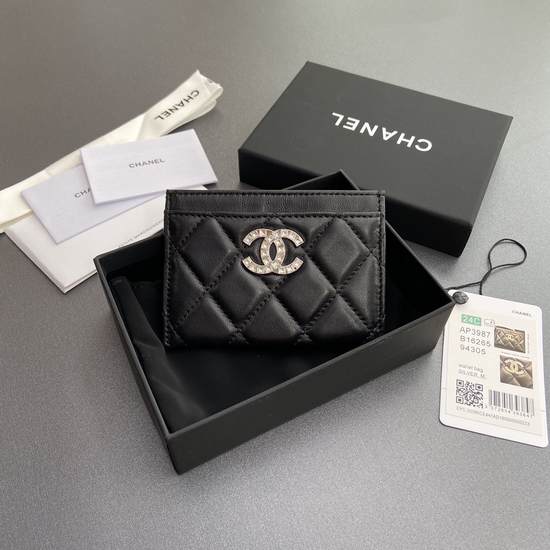 [TOP] CHANEL Mini Card Holder Lambskin 11x7.5cm - Black