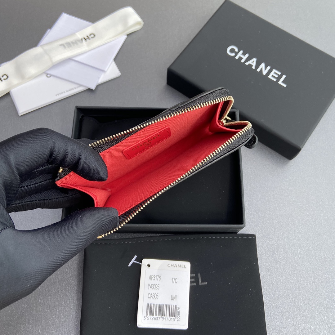 [TOP] CHANEL Mini Zipper Card Holder 13x9x2cm - Black