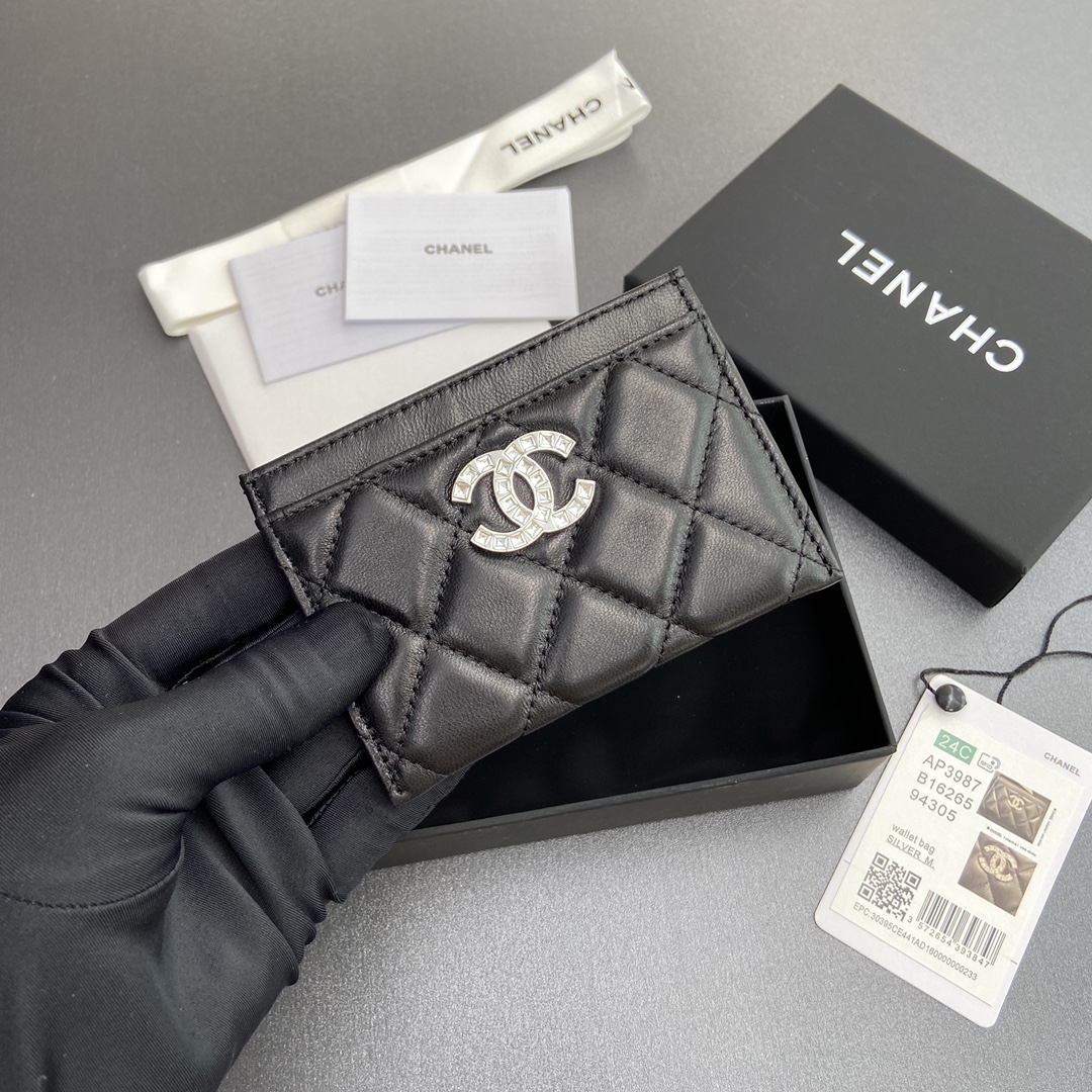 [TOP] CHANEL Mini Card Holder Lambskin 11x7.5cm - Black