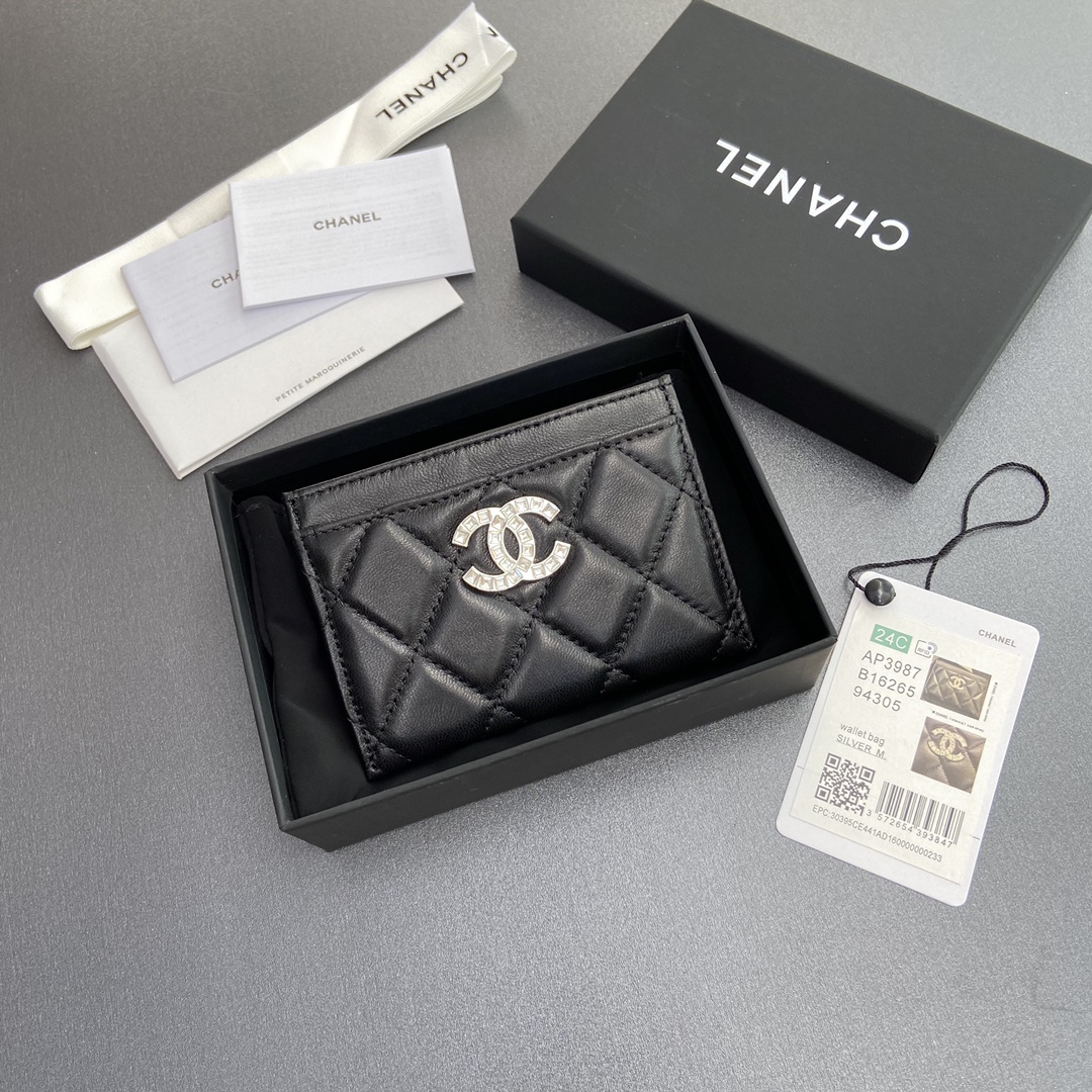 [TOP] CHANEL Mini Card Holder Lambskin 11x7.5cm - Black