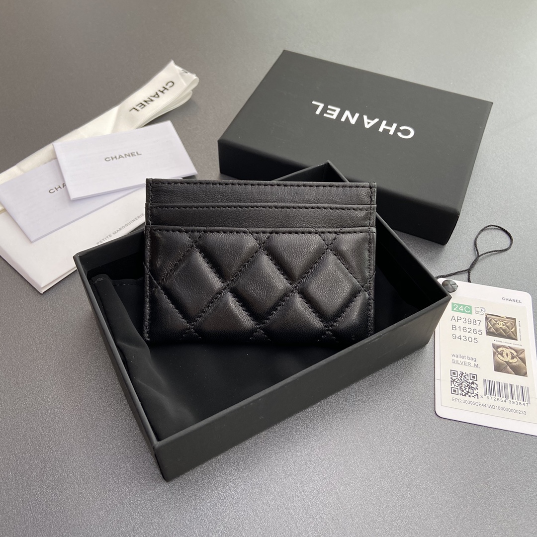 [TOP] CHANEL Mini Card Holder Lambskin 11x7.5cm - Black