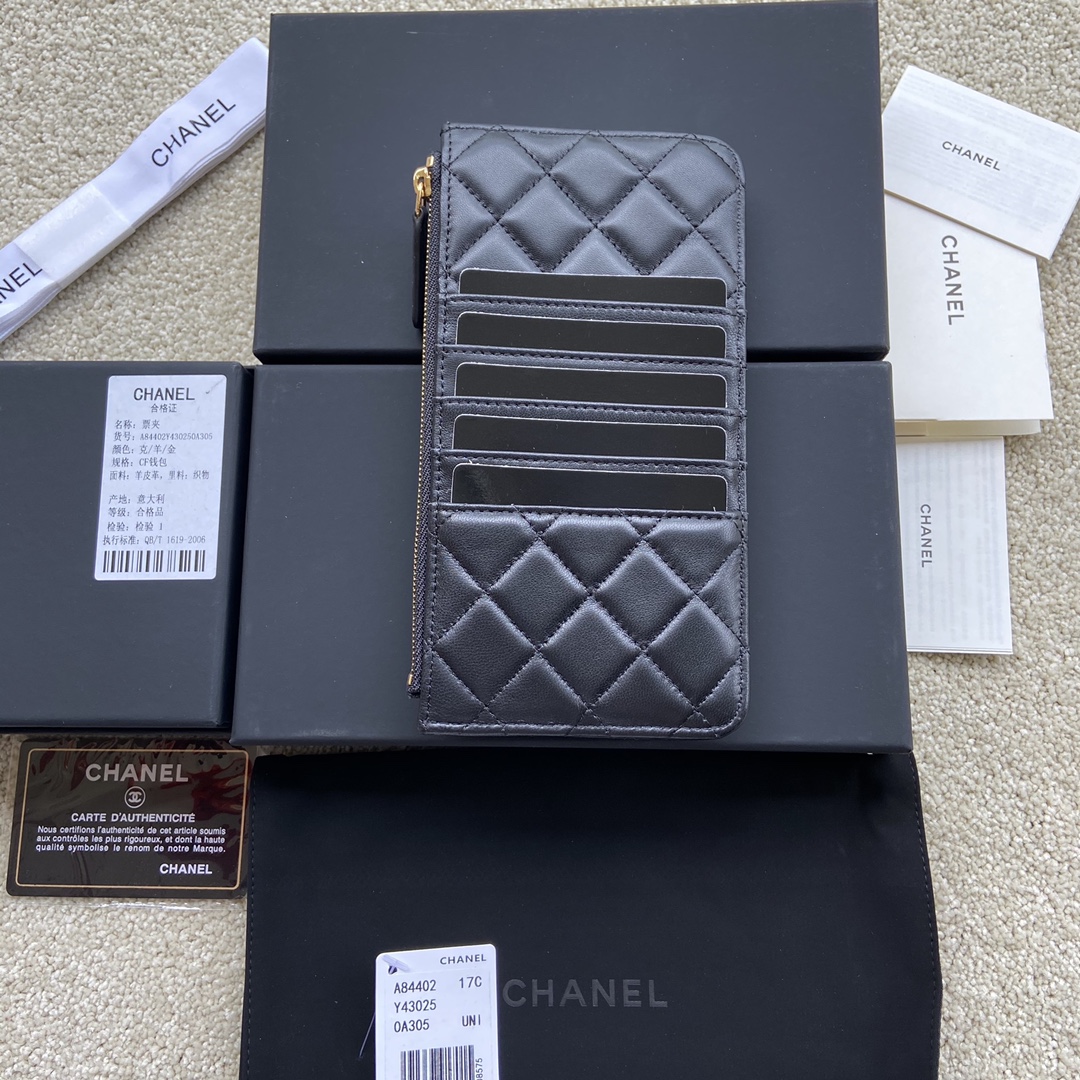 [TOP] CHANEL Wallet Calfskin/Lambskin 19.5×10×3cm - Black & GHW/SHW