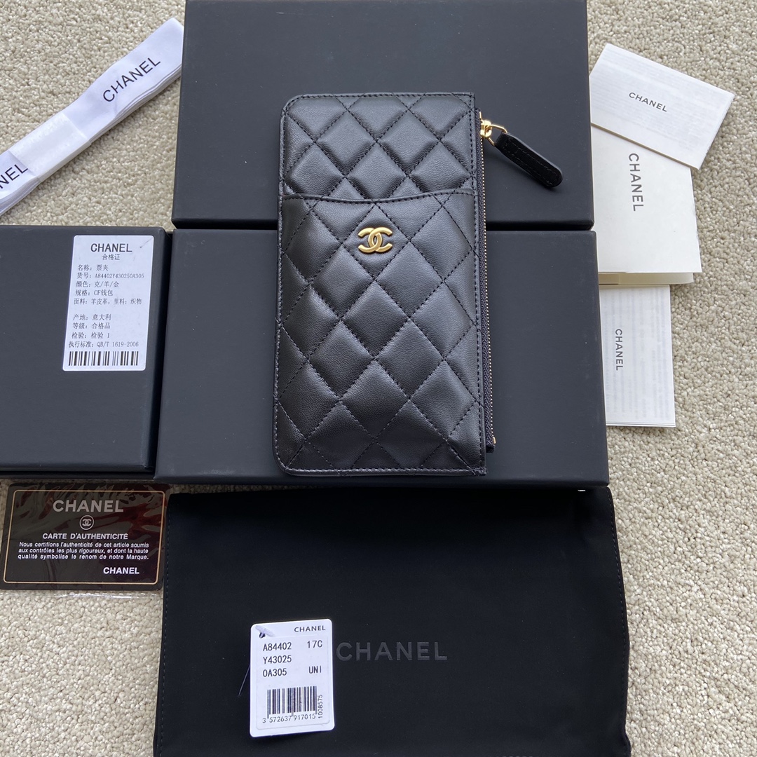 [TOP] CHANEL Wallet Calfskin/Lambskin 19.5×10×3cm - Black & GHW/SHW