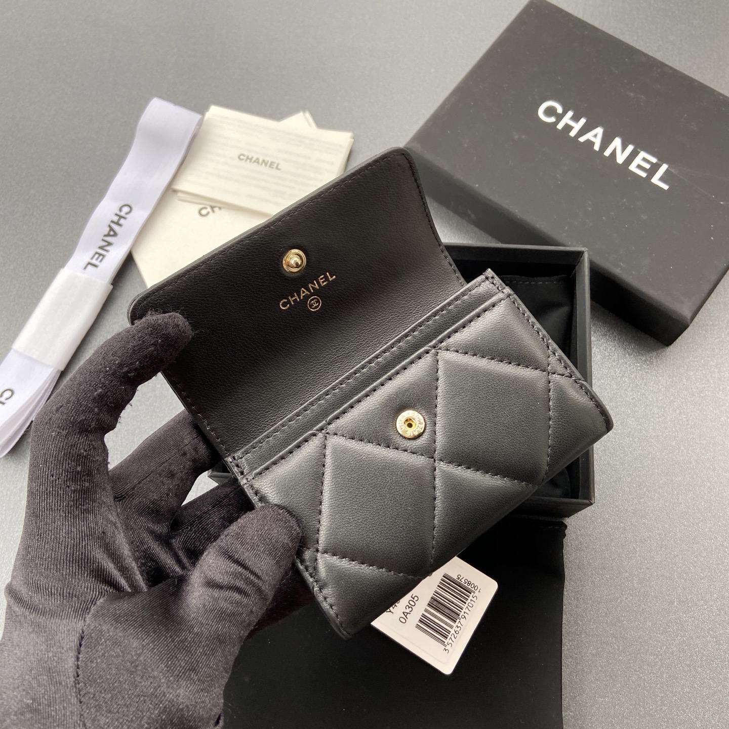 [TOP] CHANEL Card Holder Lambskin 11x7cm - Black