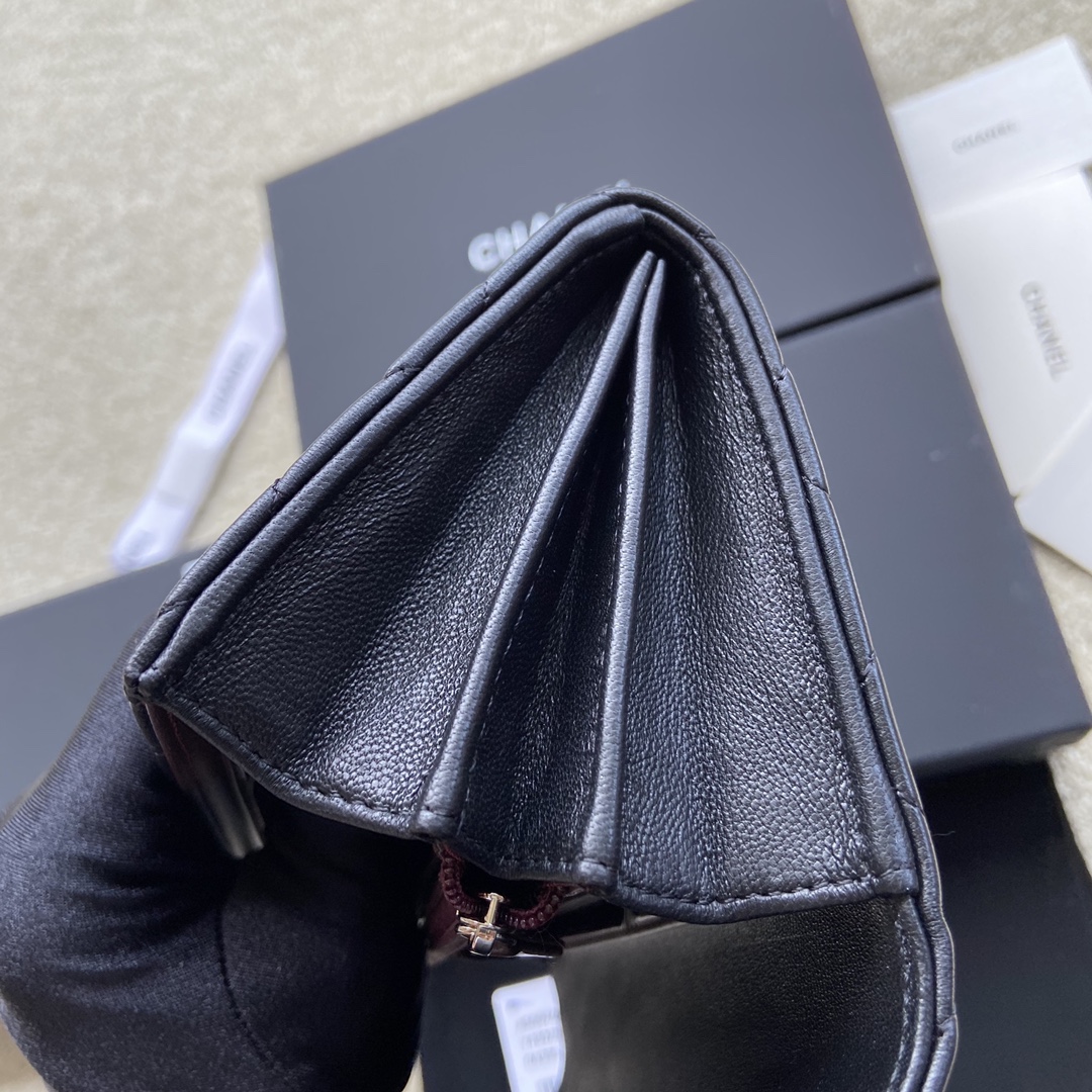 [TOP] CHANEL Long Folding Lambskin Wallet 19×10.5×3cm - Black & GHW/SHW