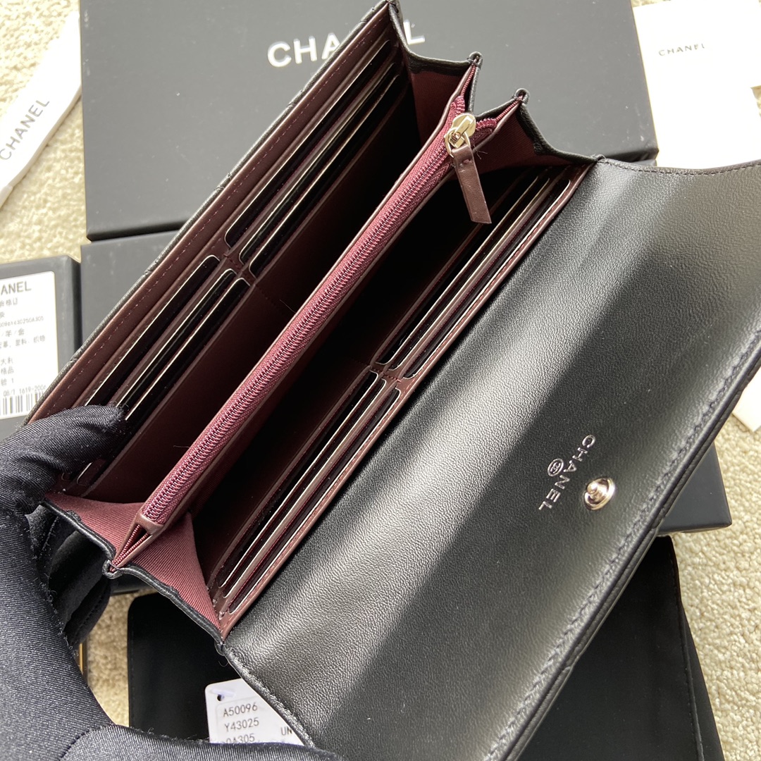 [TOP] CHANEL Long Folding Lambskin Wallet 19×10.5×3cm - Black & GHW/SHW