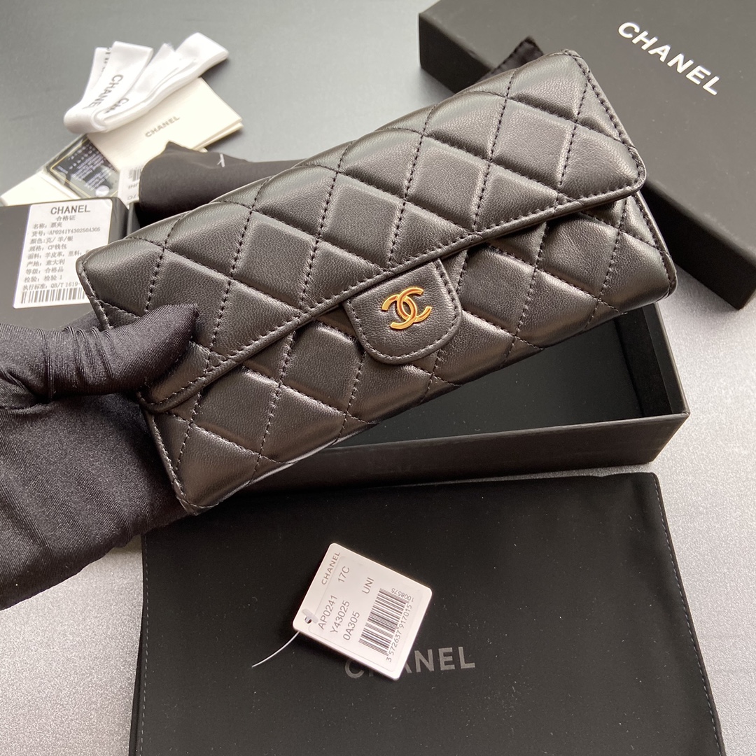 [TOP] CHANEL Long Folding Lambskin Wallet 19×10.5×3cm - Black & GHW/SHW