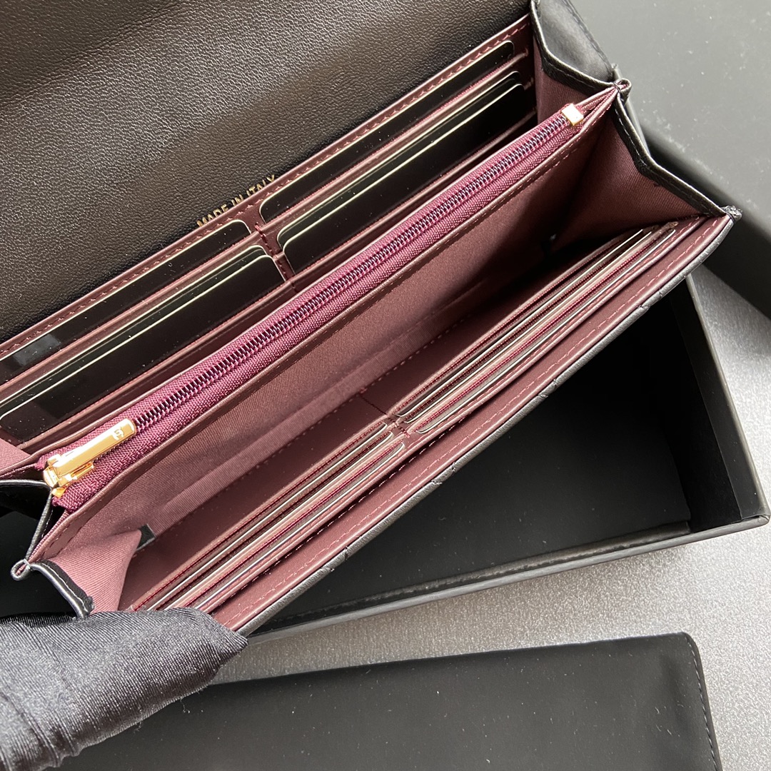 [TOP] CHANEL Long Folding Lambskin Wallet 19×10.5×3cm - Black & GHW/SHW