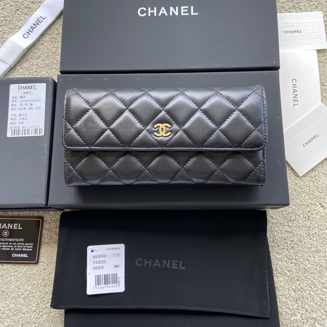 [TOP] CHANEL Long Folding Lambskin Wallet 19×10.5×3cm - Black & GHW/SHW