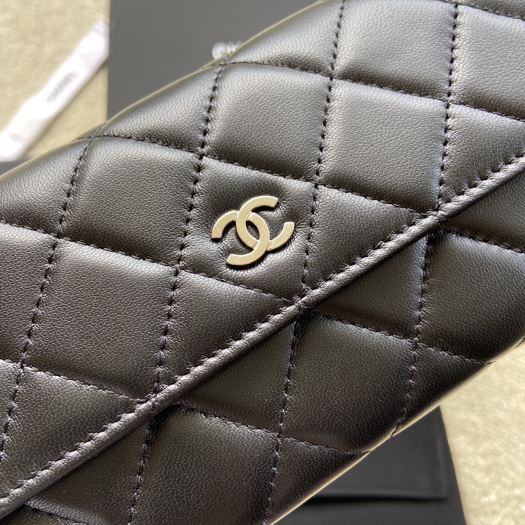 [TOP] CHANEL Long Folding Lambskin Wallet 19×10.5×3cm - Black & GHW/SHW