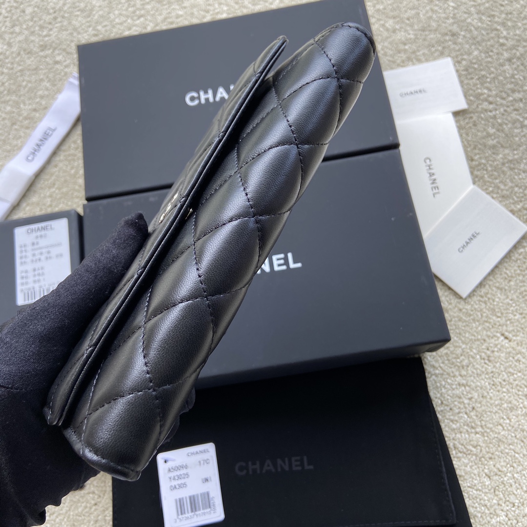 [TOP] CHANEL Long Folding Lambskin Wallet 19×10.5×3cm - Black & GHW/SHW