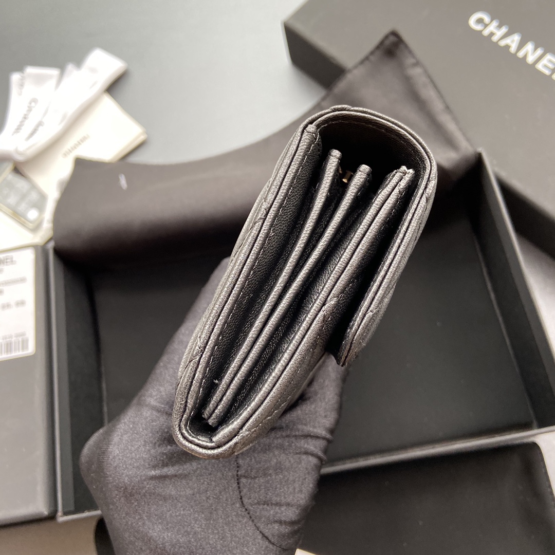 [TOP] CHANEL Long Folding Lambskin Wallet 19×10.5×3cm - Black & GHW/SHW