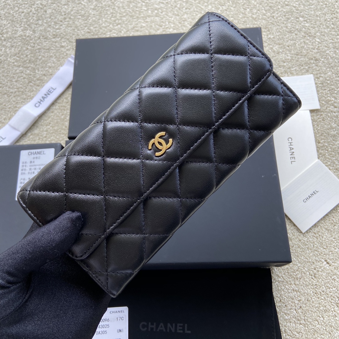 [TOP] CHANEL Long Folding Lambskin Wallet 19×10.5×3cm - Black & GHW/SHW