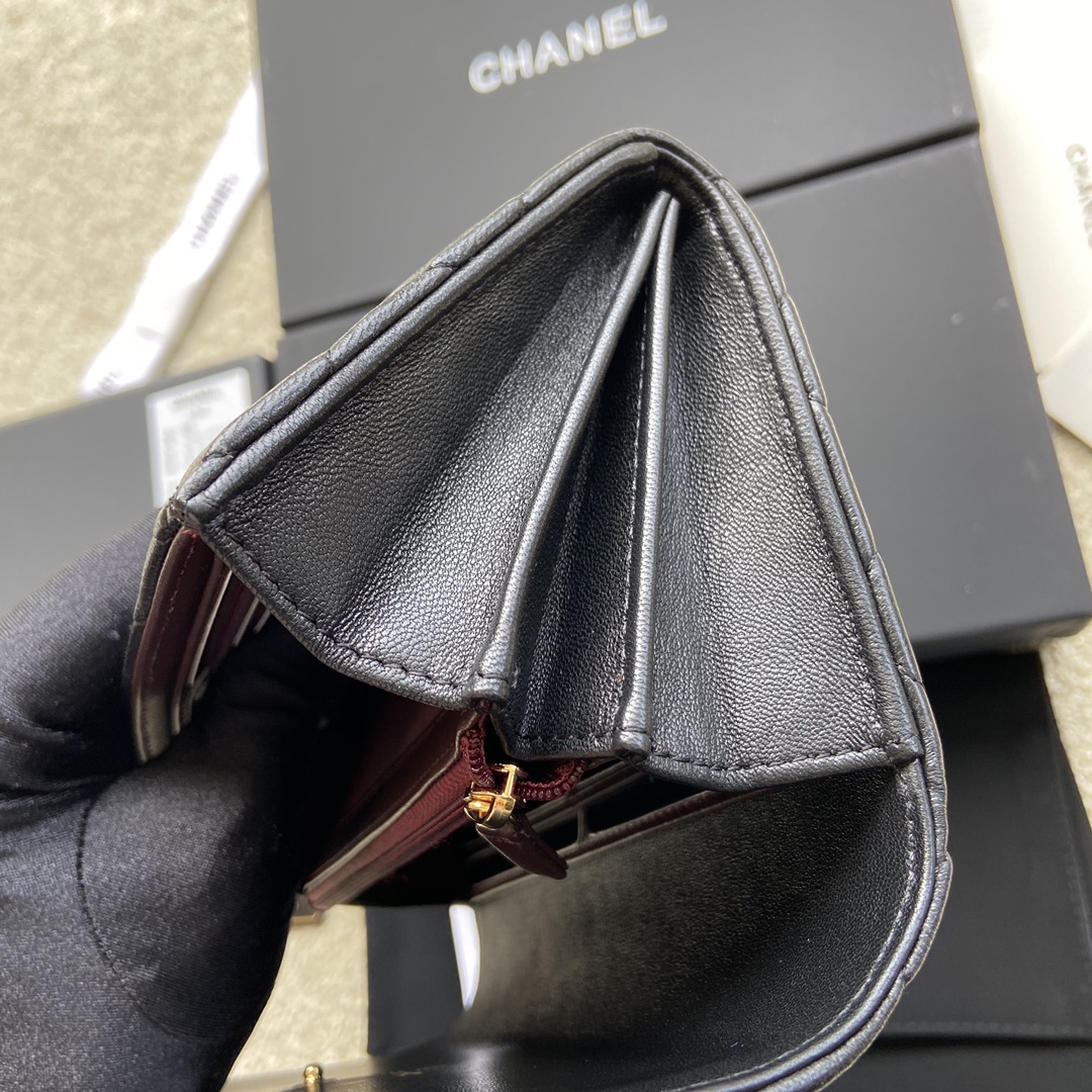 [TOP] CHANEL Long Folding Lambskin Wallet 19×10.5×3cm - Black & GHW/SHW