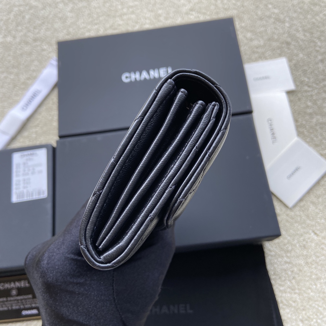[TOP] CHANEL Long Folding Lambskin Wallet 19×10.5×3cm - Black & GHW/SHW
