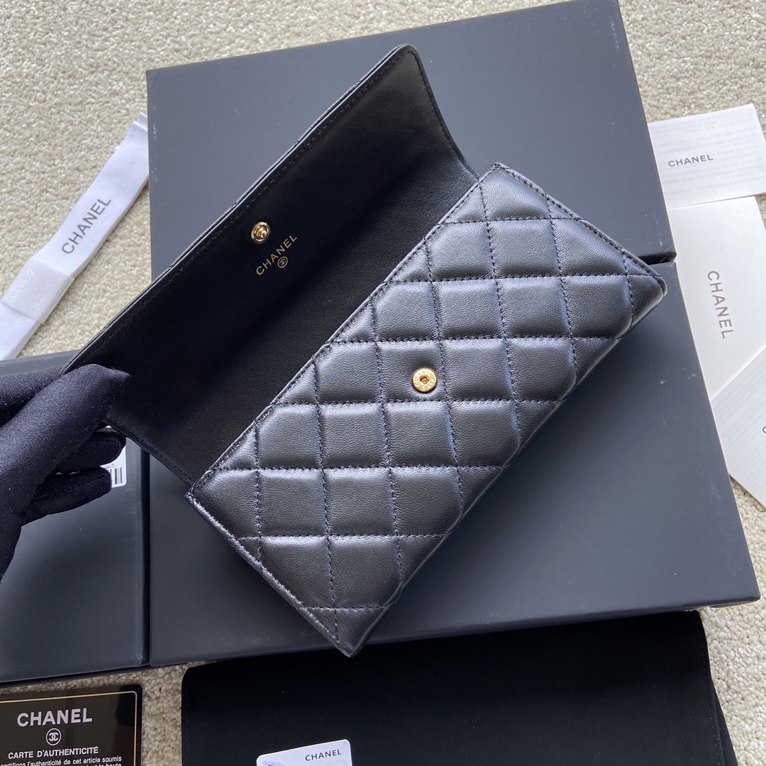 [TOP] CHANEL Long Folding Lambskin Wallet 19×10.5×3cm - Black & GHW/SHW