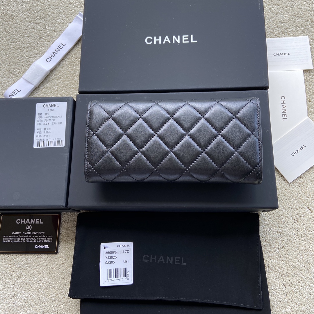 [TOP] CHANEL Long Folding Lambskin Wallet 19×10.5×3cm - Black & GHW/SHW