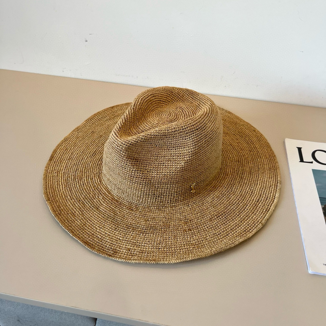 [TOP] Yves Saint Laurent YSL Raffia Basin Hat - Beige