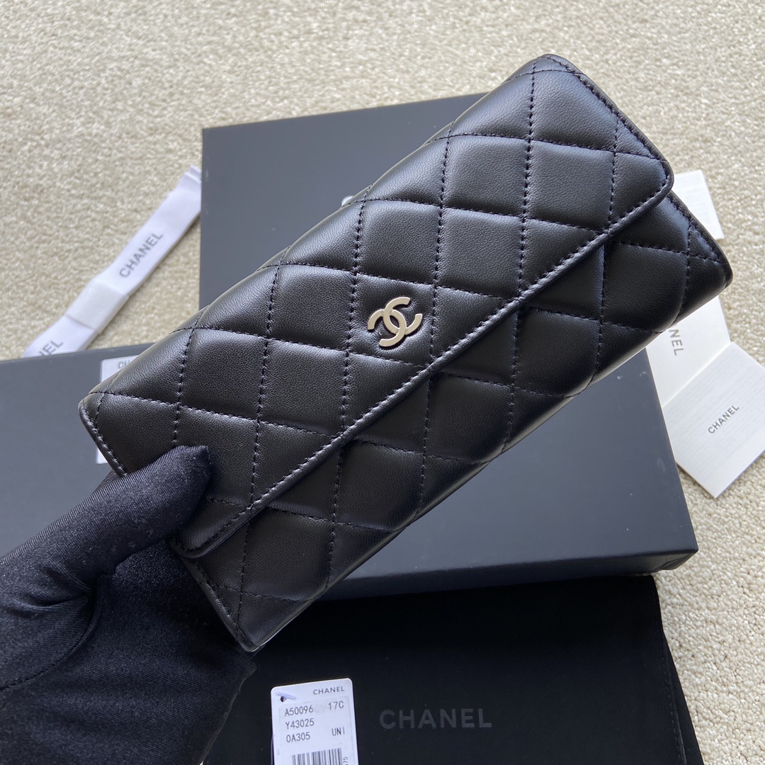 [TOP] CHANEL Long Folding Lambskin Wallet 19×10.5×3cm - Black & GHW/SHW