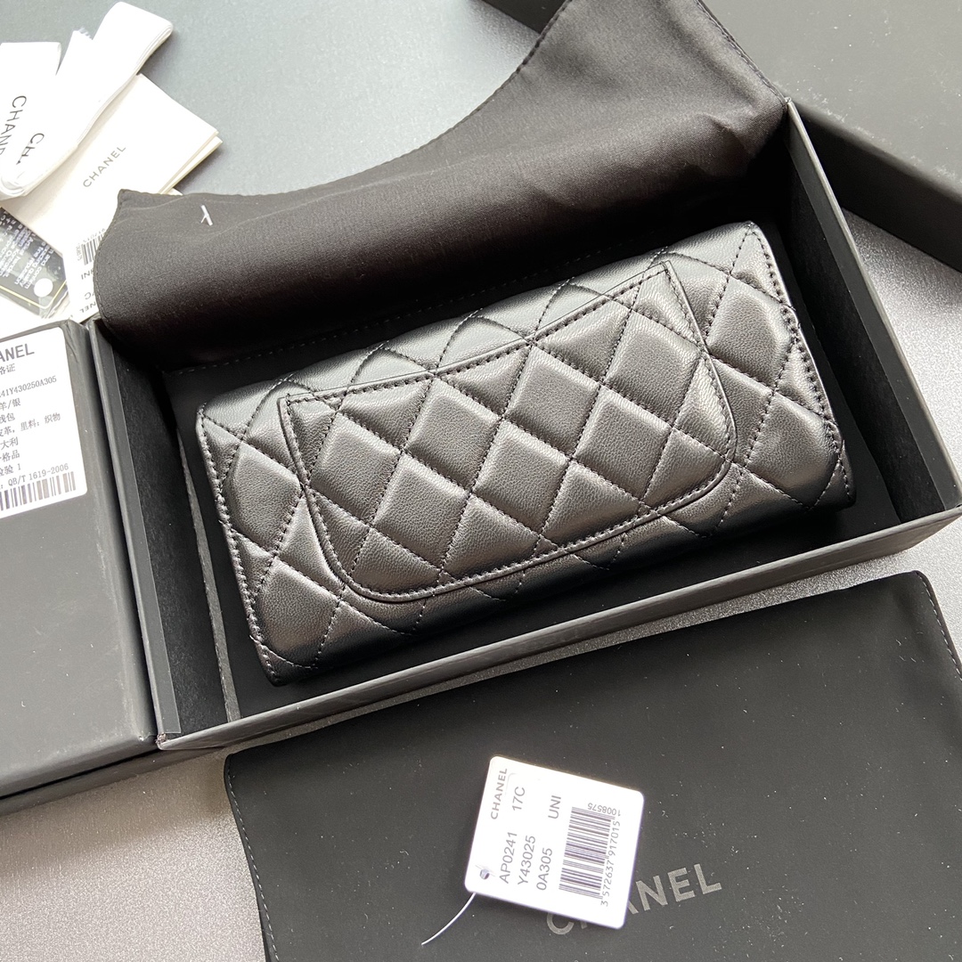 [TOP] CHANEL Long Folding Lambskin Wallet 19×10.5×3cm - Black & GHW/SHW
