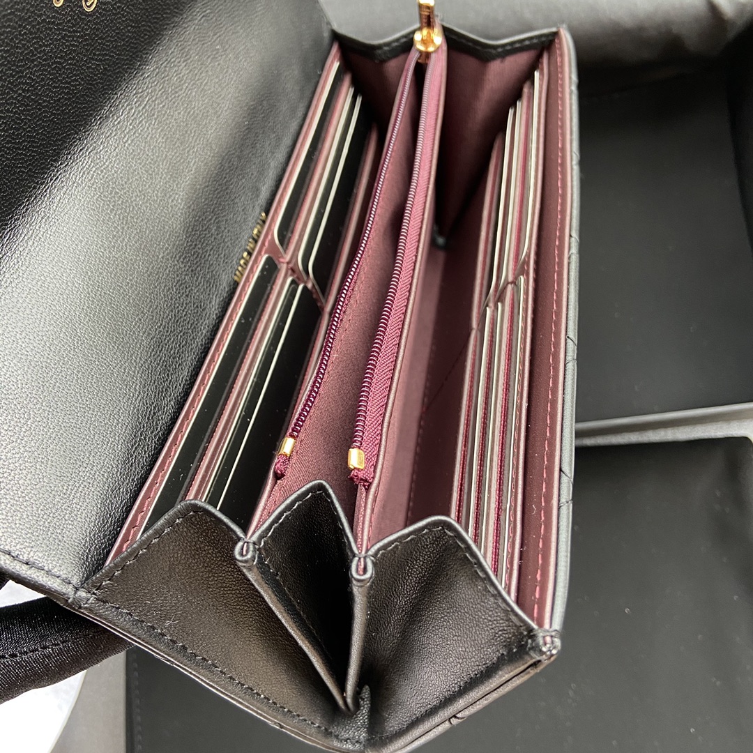 [TOP] CHANEL Long Folding Lambskin Wallet 19×10.5×3cm - Black & GHW/SHW