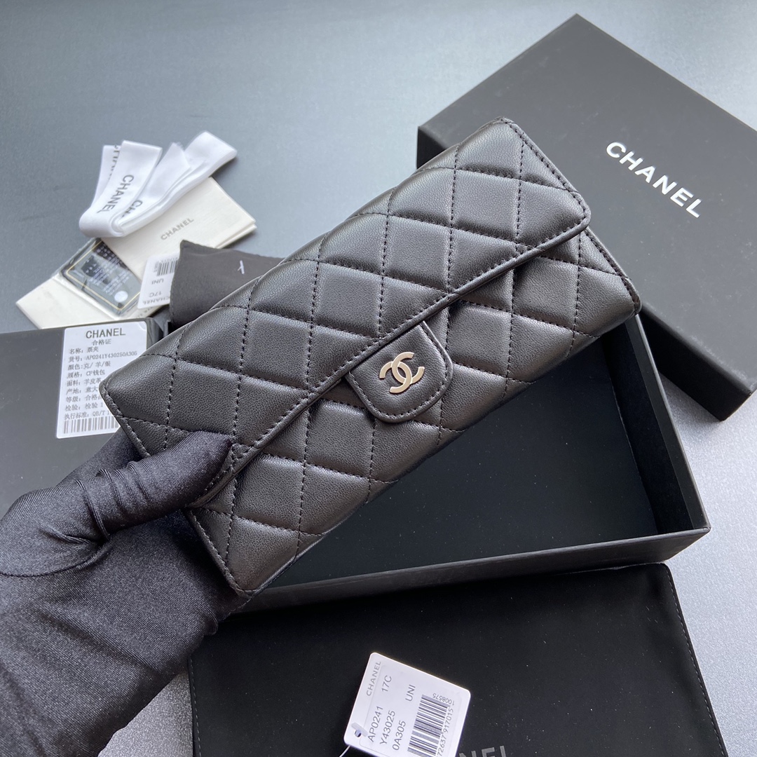 [TOP] CHANEL Long Folding Lambskin Wallet 19×10.5×3cm - Black & GHW/SHW