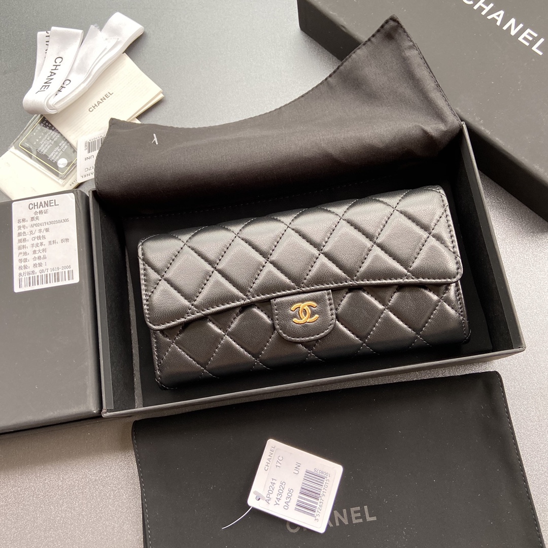 [TOP] CHANEL Long Folding Lambskin Wallet 19×10.5×3cm - Black & GHW/SHW