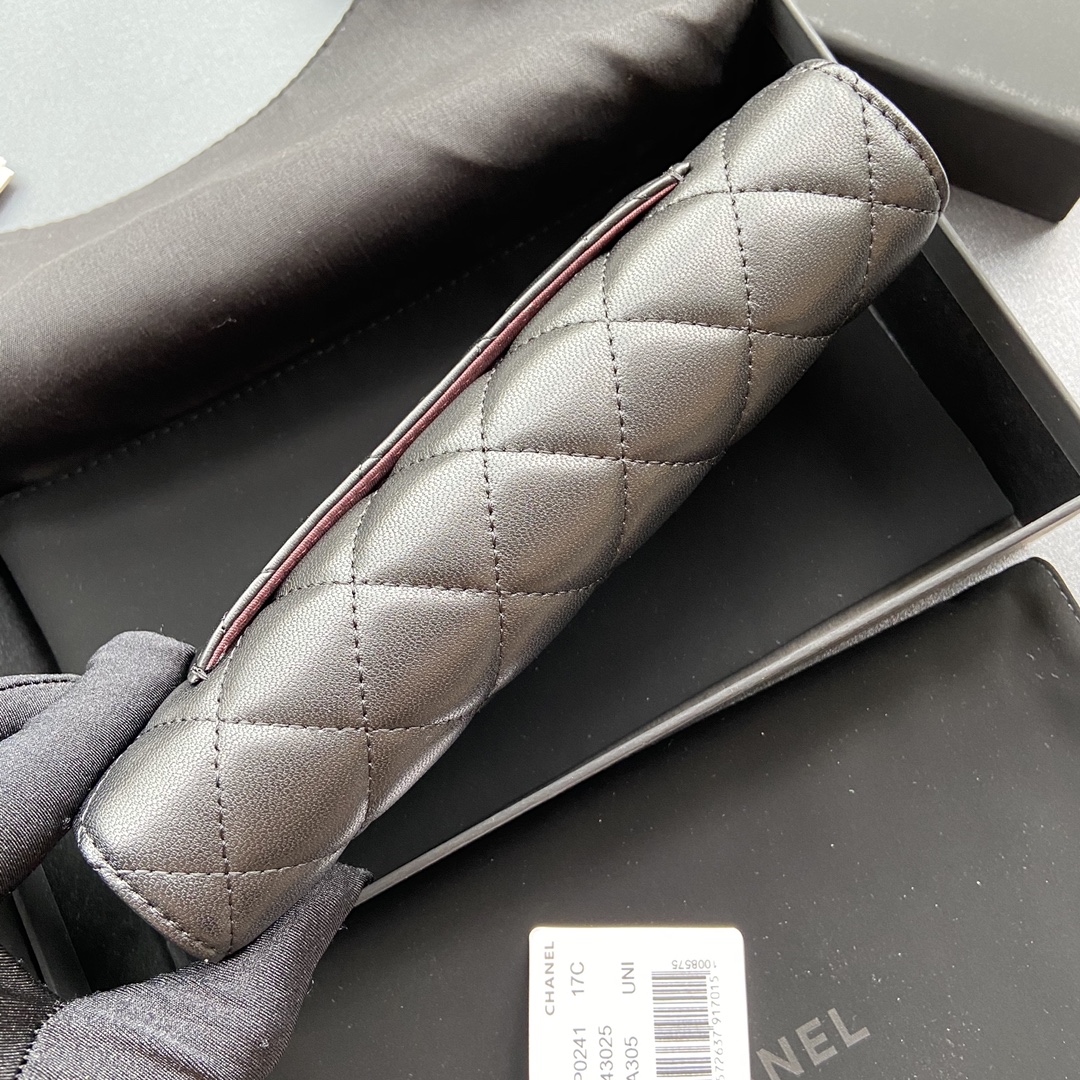 [TOP] CHANEL Long Folding Lambskin Wallet 19×10.5×3cm - Black & GHW/SHW