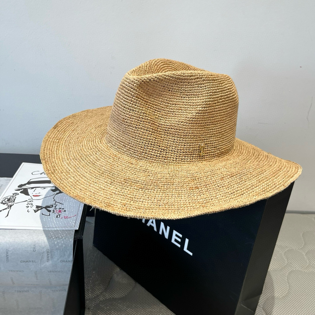 [TOP] Yves Saint Laurent YSL Raffia Basin Hat - Beige