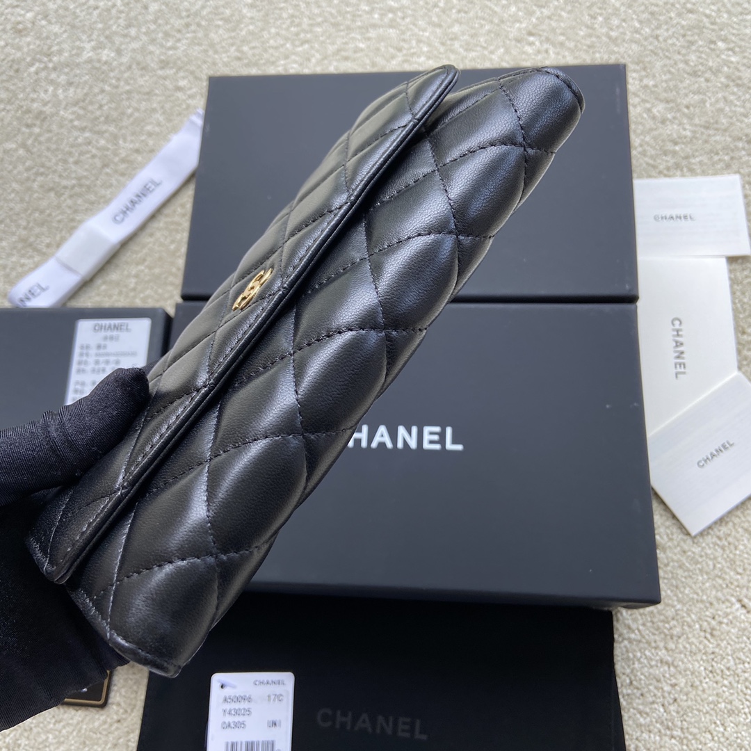 [TOP] CHANEL Long Folding Lambskin Wallet 19×10.5×3cm - Black & GHW/SHW