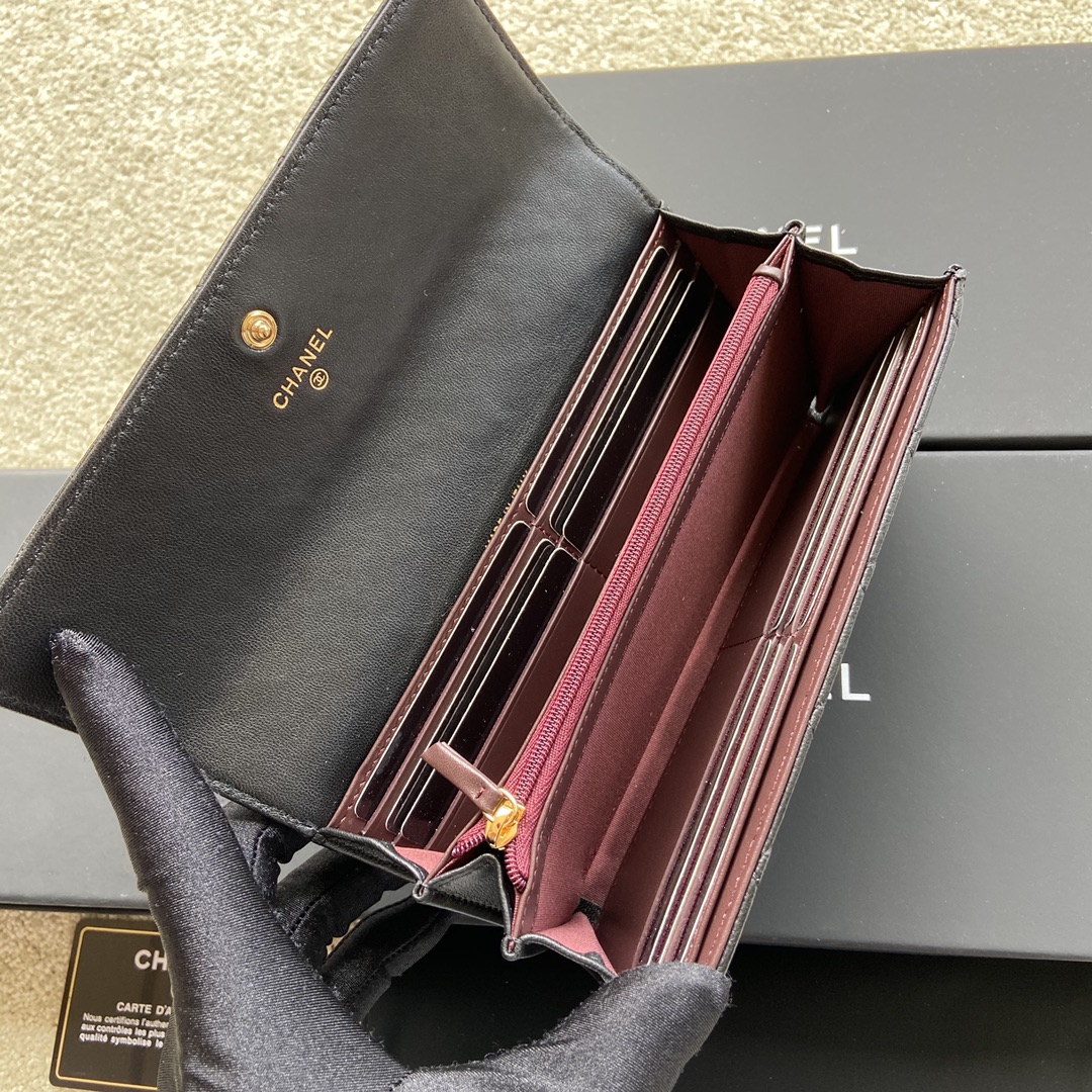 [TOP] CHANEL Long Folding Lambskin Wallet 19×10.5×3cm - Black & GHW/SHW