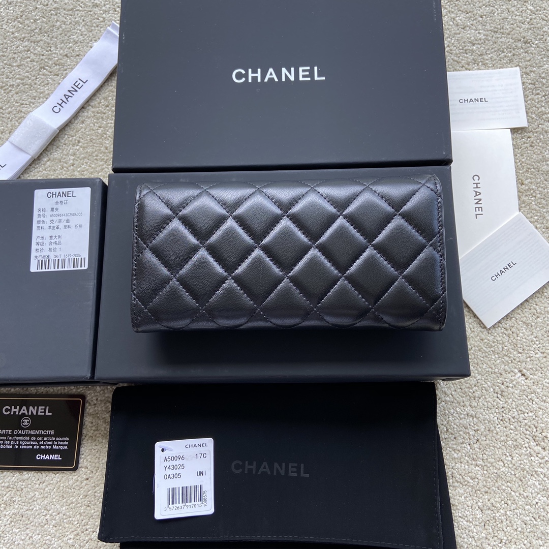 [TOP] CHANEL Long Folding Lambskin Wallet 19×10.5×3cm - Black & GHW/SHW