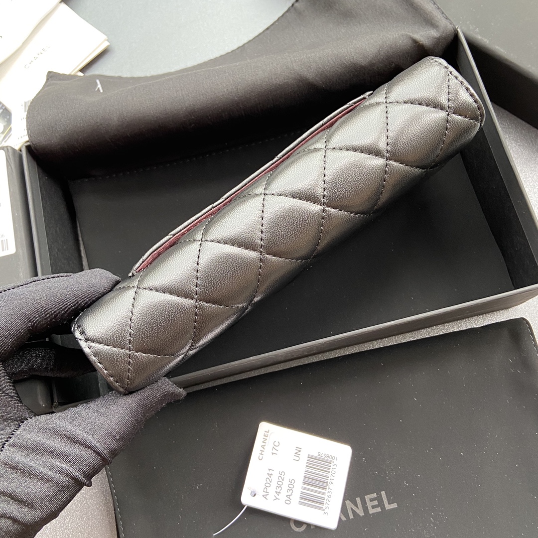 [TOP] CHANEL Long Folding Lambskin Wallet 19×10.5×3cm - Black & GHW/SHW