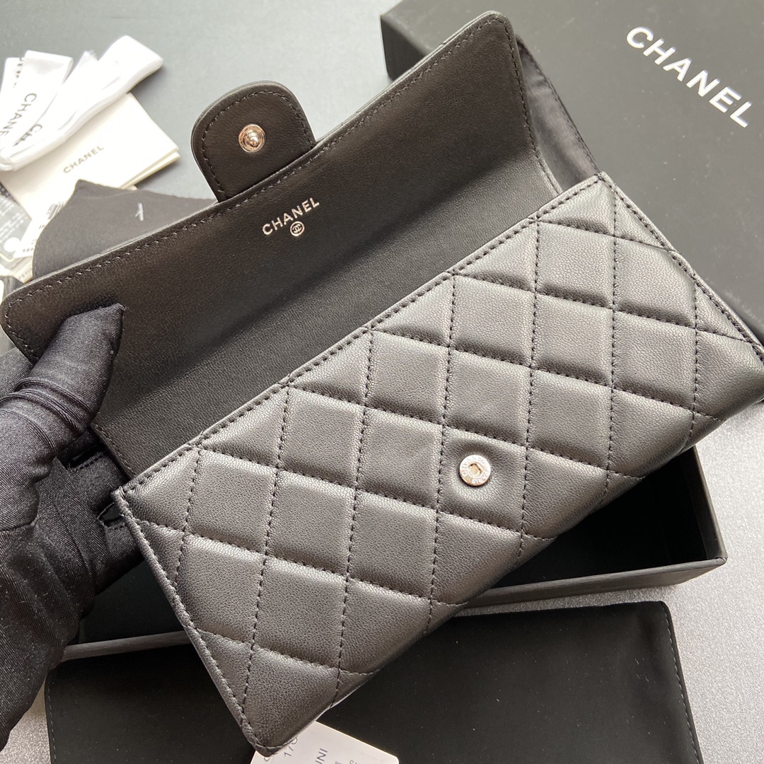 [TOP] CHANEL Long Folding Lambskin Wallet 19×10.5×3cm - Black & GHW/SHW