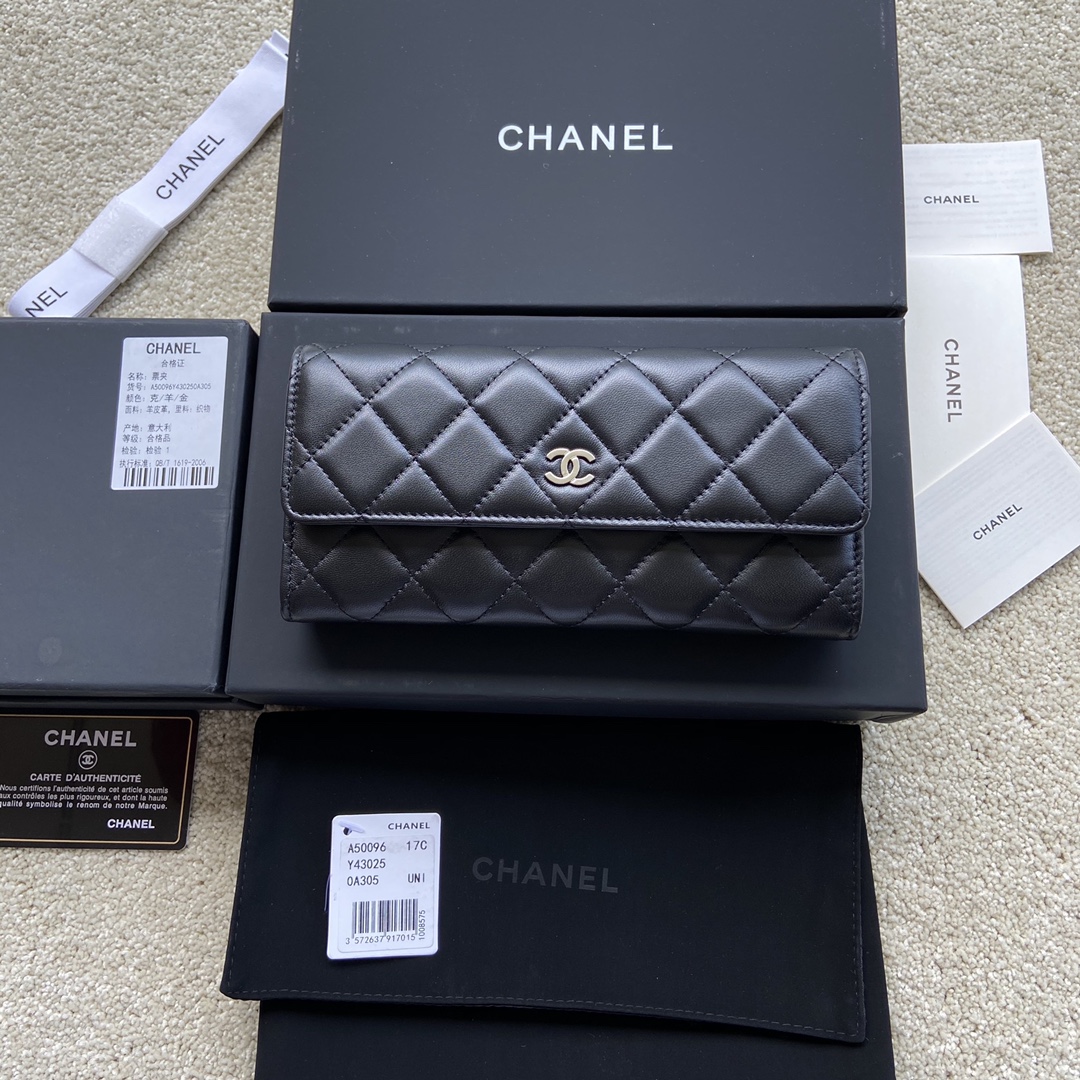 [TOP] CHANEL Long Folding Lambskin Wallet 19×10.5×3cm - Black & GHW/SHW