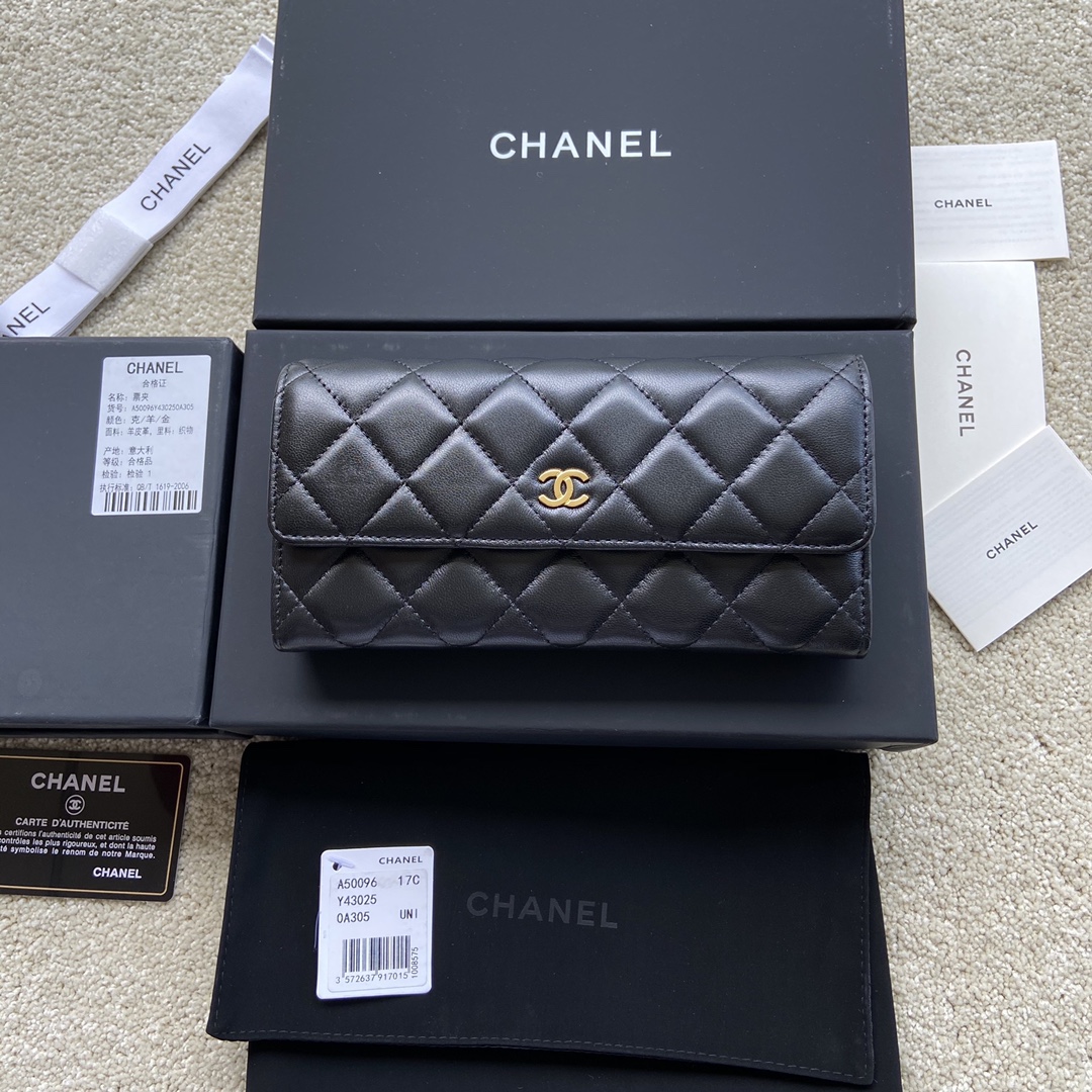 [TOP] CHANEL Long Folding Lambskin Wallet 19×10.5×3cm - Black & GHW/SHW