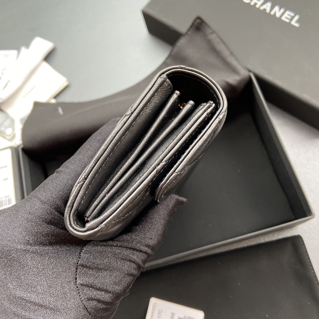 [TOP] CHANEL Long Folding Lambskin Wallet 19×10.5×3cm - Black & GHW/SHW