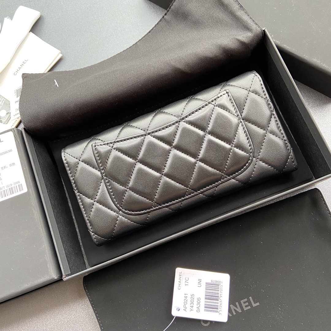 [TOP] CHANEL Long Folding Lambskin Wallet 19×10.5×3cm - Black & GHW/SHW