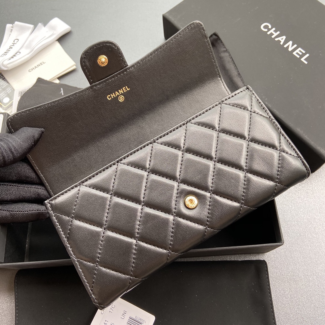 [TOP] CHANEL Long Folding Lambskin Wallet 19×10.5×3cm - Black & GHW/SHW