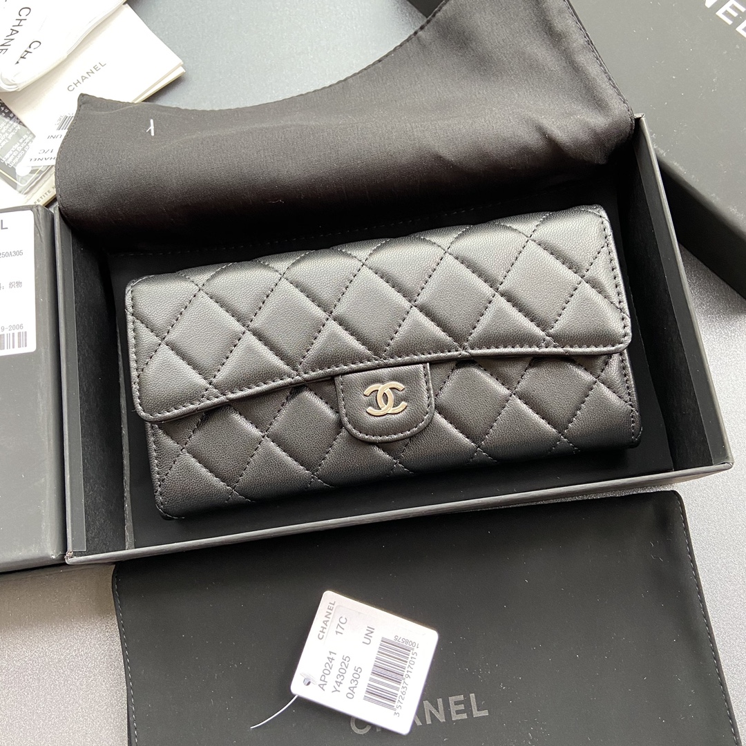 [TOP] CHANEL Long Folding Lambskin Wallet 19×10.5×3cm - Black & GHW/SHW