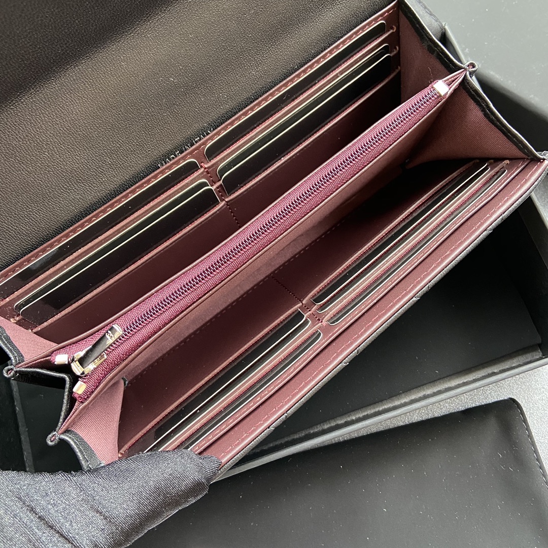 [TOP] CHANEL Long Folding Lambskin Wallet 19×10.5×3cm - Black & GHW/SHW